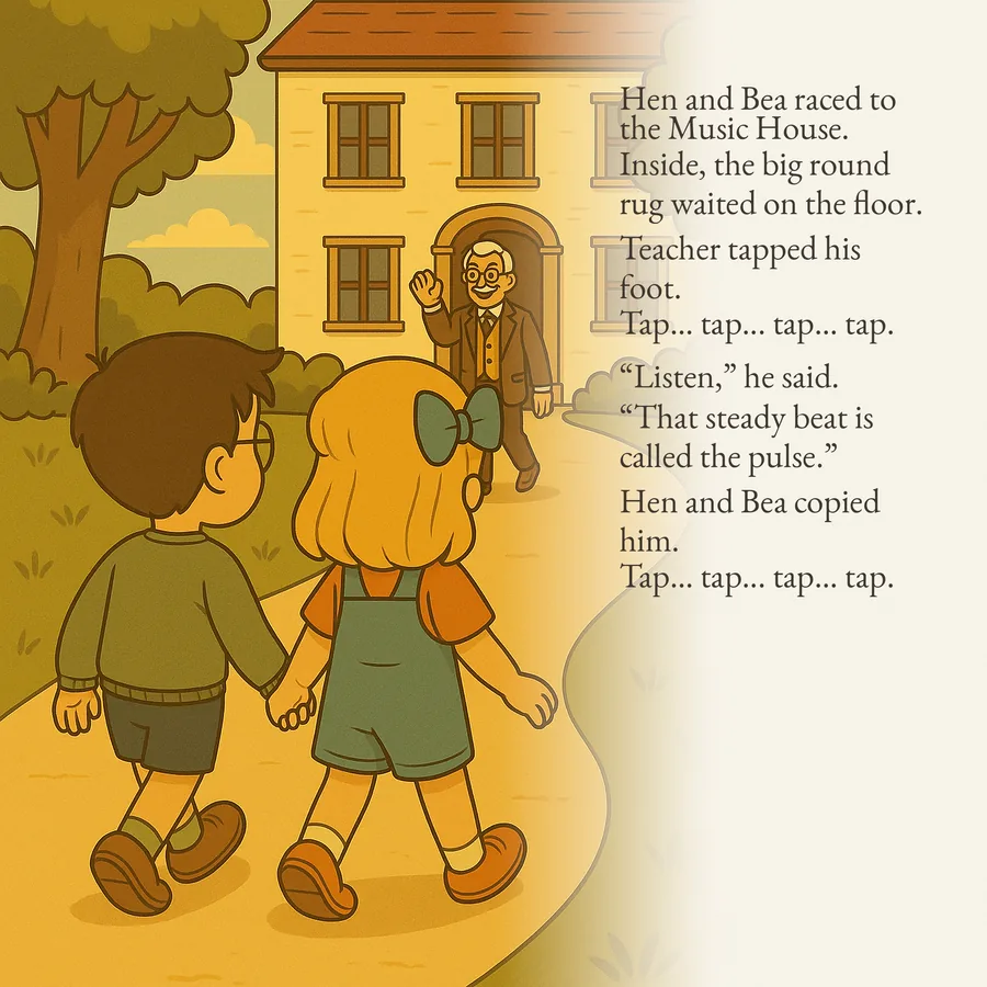 Hen and Bea arriving at the Music House; illustration from the companion website